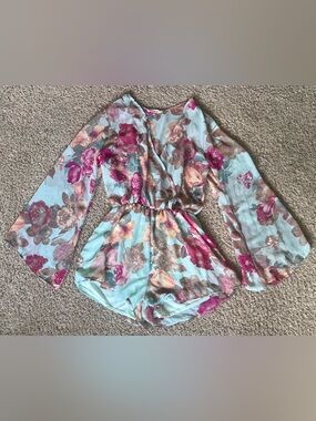 Elan Floral Bell-sleeve romper in blue pink & orange